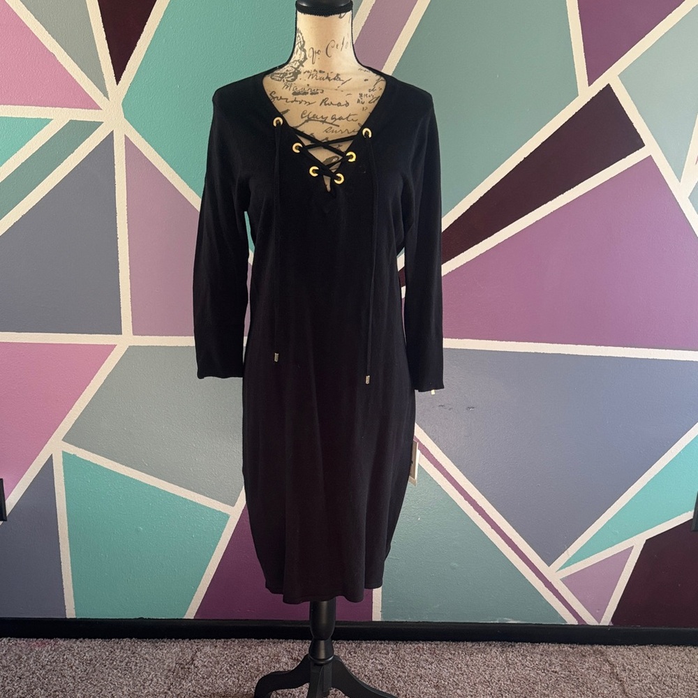 Black Lace-Up SweaterDress